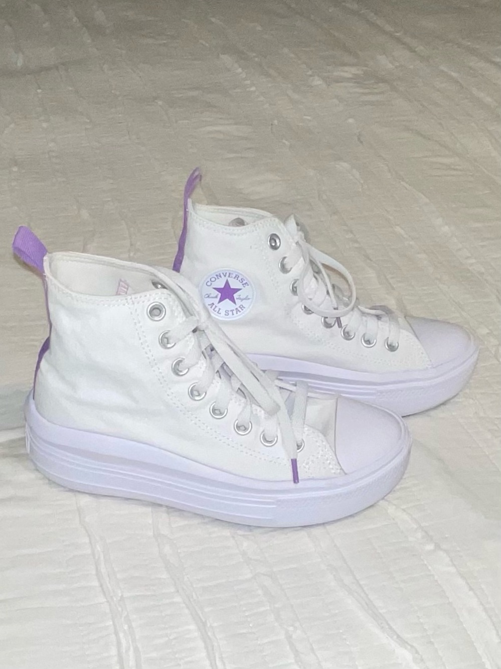 Converse High Top Sneakers in White with Purple Star Accent
